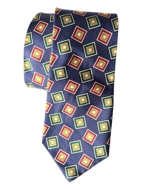 Paul Fredrick vintage 90’s geometric square blue wide silk tie made in USA | 55”
